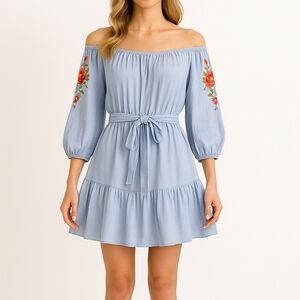 💙 Feathers Dress With Emroidery - 100% Rayon
